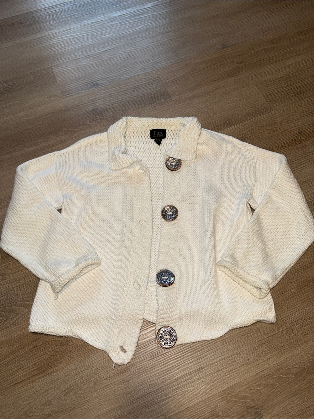 PURE HANDKNIT White Cream Chrochet Knit Button Decor Cardigan Sweater Top